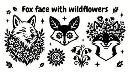 Obraz premium Fox face combined with wildflowers vector collection isolated for cute animal illustrations, nature artwork, and botanical design themes. Black and white sketch style featuring