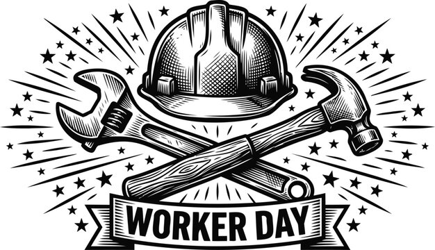 Happy labor day construction tools silhouette with hard hat wrench and hammer isolated on transparent background