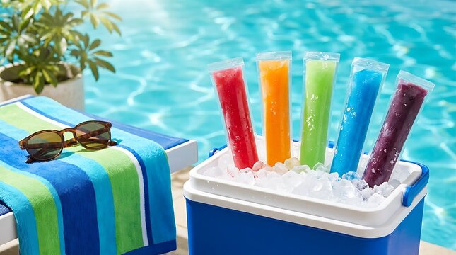 Colorful frozen ice pops in cooler with ice by swimming pool and sunglasses on striped towel, refreshing summer treat.