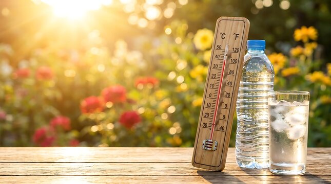 Thermometer showing high temperature outdoors on wooden table with refreshing cold water bottles and ice cubes glass reflecting bright sun summer heat outdoors blurred flowers and green leaves.