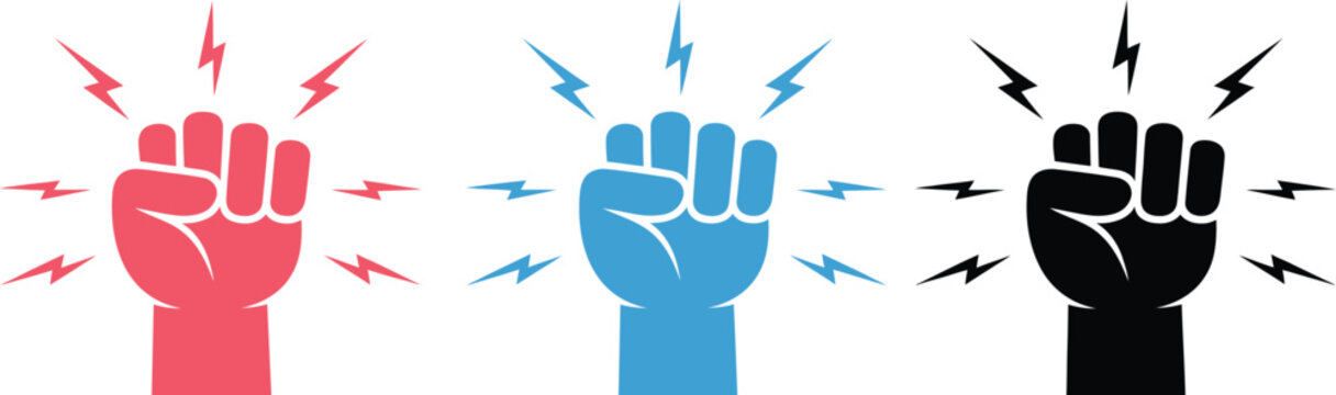 Knocking Fist Icon Set with Outline Hand Gesture, Impact Lines, and Red, Blue, Black Variations