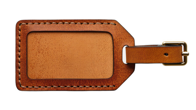 Brown leather luggage tag with clear window and buckle