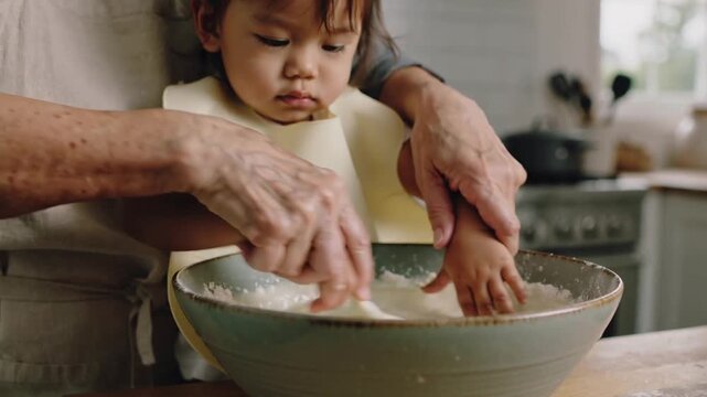 Caregiver guiding child's hands, child stirring mixture at countertop to bake with bowl, apron, bib