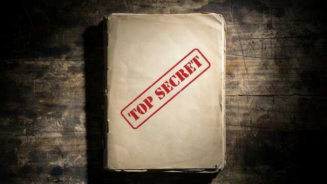 Top secret vintage file folder on rustic wooden table background