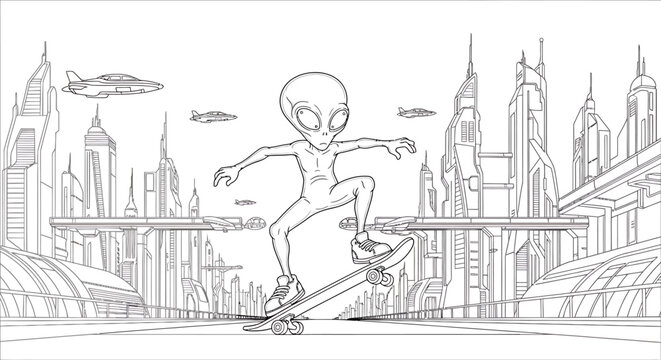 Alien skateboarding in a futuristic city, black and white line art illustration. Extraterrestrial character on a skateboard in a sci-fi urban environment, ideal for coloring.