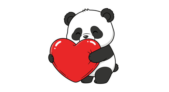 Cute cartoon panda cub holding a big red heart, symbolizing love and affection, isolated on white background.
