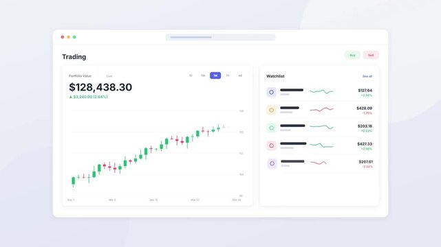 Stock trading investment app with rising candlestick chart portfolio value and market watchlist