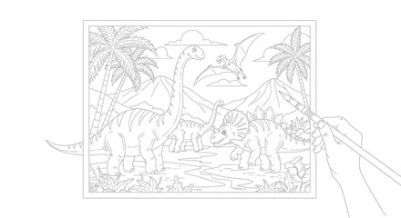 Fototapeta premium Engaging coloring book page: prehistoric dinosaur landscape, various species. Hand with pencil, ready for kids' creative activity and educational fun.