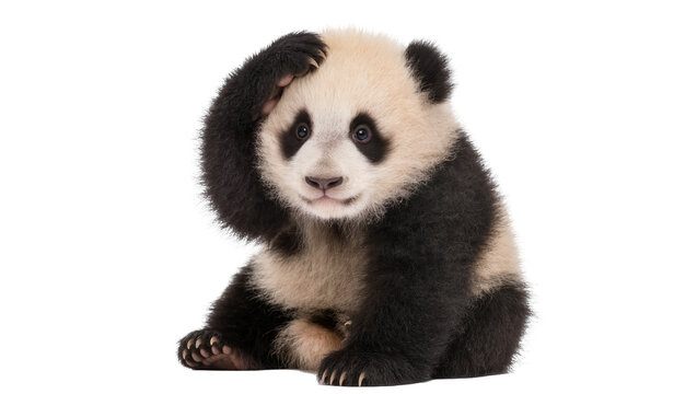 Baby panda bear sitting with paw on head