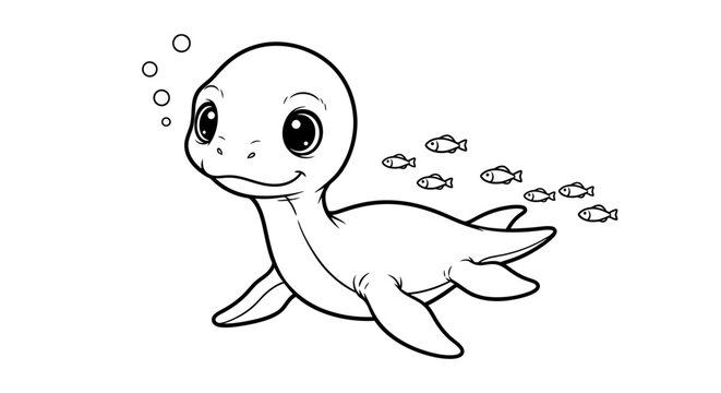 Adorable cartoon baby plesiosaur swimming happily underwater with tiny fish and bubbles. Cute black and white line art illustration for kids' coloring books.