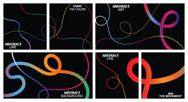 Neon Gradient Swirl Curve Abstract Line Art Background Set on Black, Vibrant Multicolor Gradient Loop Line Art Abstract Black Background Bundle