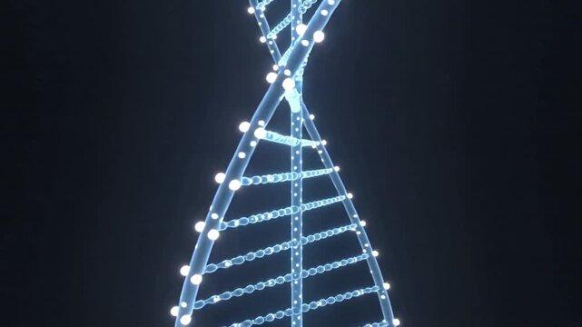 Rotating glowing helix with clear strands pulsing nodes rungs in dark vignette, camera zooming in
