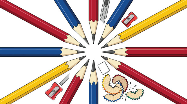 Primary Color Stationery Element Set with Circular Arranged Pencils, Sharpeners, Eraser, Shavings, and Cutter Knife for Art and School Supply Designs