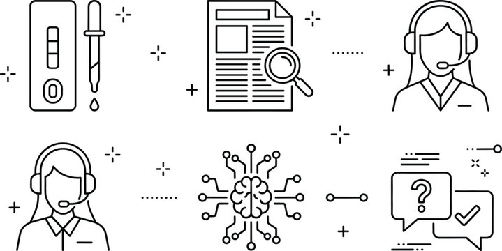 Medical support and healthcare customer service line icon set with diagnostic test kit artificial intelligence brain and operator
