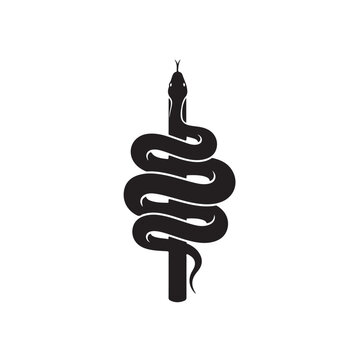Black Snake Silhouette Coiled Around Vertical Staff Pole, Dark Serpent Caduceus Medical Symbol Tattoo Logo, Healthcare Pharmacy Vector Illustration Art