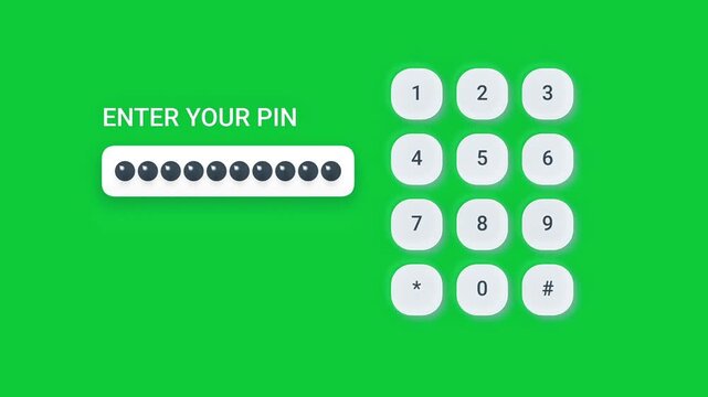 Animation of a digital screen displaying PIN entry with a numeric keypad