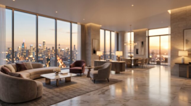 blurred luxury penthouse interior living room city skyline view twilight sunset modern apartment architecture design home decor elegant lifestyle