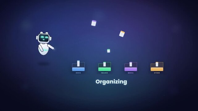 Friendly AI robot assistant sorting and arranging files into organized folders by document type