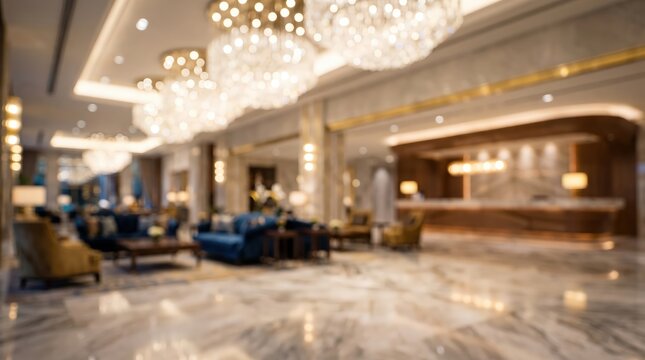 Luxury hotel lobby blurred background bokeh interior lounge reception desk chandelier marble floor upscale architecture travel hospitality design