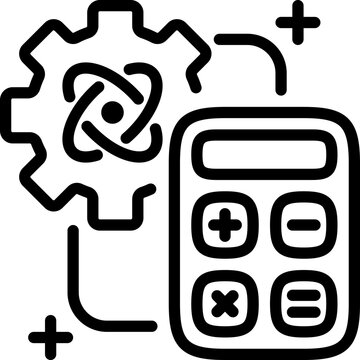 Applied physics and applied mathematics thin line icon. Physics sign and calculator. For STEM education, quantum computing concepts, laboratory branding, and data science visuals. Vector illustration.