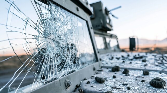 Military armored vehicle showing shattered windshield glass, destruction, and chaos after impact