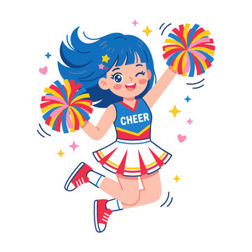 Cheerful anime girl cheerleader jumping with colorful pom-poms and blue hair in a vibrant flat vector illustration for sports and school spirit