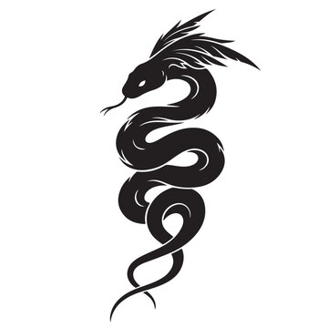 Black Silhouette Fantasy Dragon Snake Coiled with Flowing Scales, Dark Mythical Serpent Creature Tattoo Design, Gothic Asian Spirit Animal Vector Illustration