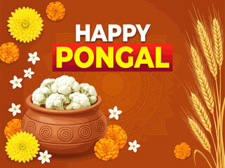 Fototapeta premium Happy Pongal Festival Celebration with Traditional Pot and Flowers