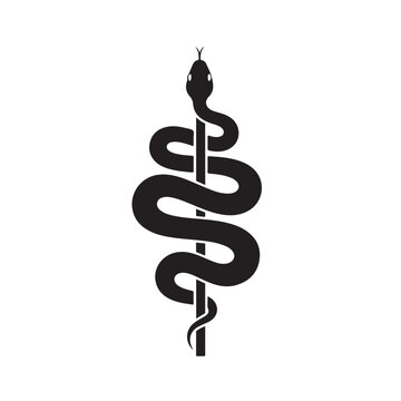 Black Silhouette of Snake Coiled Around Staff with Head Raised Upward, Bold Serpent on Pole Logo Symbol, Dark Gothic Tattoo Art Vector Illustration