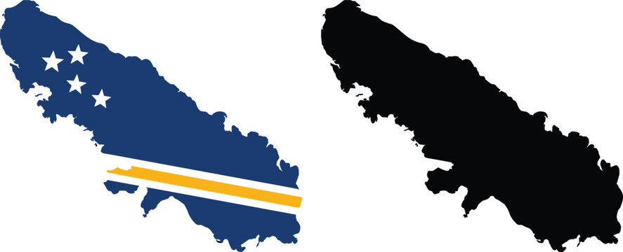 Detailed map outline of Cura&ccedil;ao island vector illustration featuring national flag colors and a black silhouette