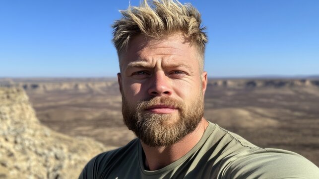 Blond bearded man portrait arid landscape background