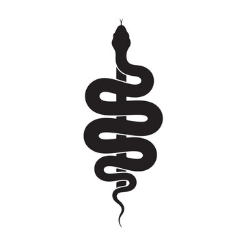 Black Silhouette of Slender Snake Coiled Around Vertical Rod Staff, Elegant Serpent Spiraling Symbol for Medical Logo Design, Dark Tattoo Art Vector Illustration