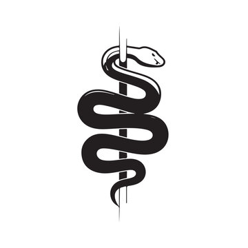 Black Silhouette of Bold Coiled Snake Wrapped Around Staff, Powerful Serpent Spiraling Up Rod Design for Tattoo Logo, Dark Gothic Art Vector Illustration