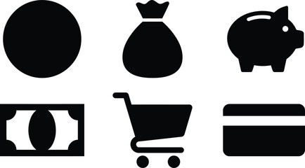 Collection of finance and shopping icons including coin money bag piggy bank banknote shopping cart and credit card flat design symbols for e-commerce and banking concepts isolated on white © Ali