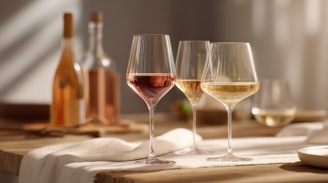 Glasses of wine on a wooden table