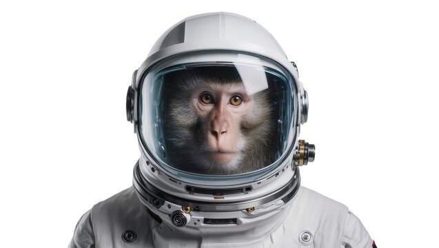 Monkey wearing astronaut helmet and suit