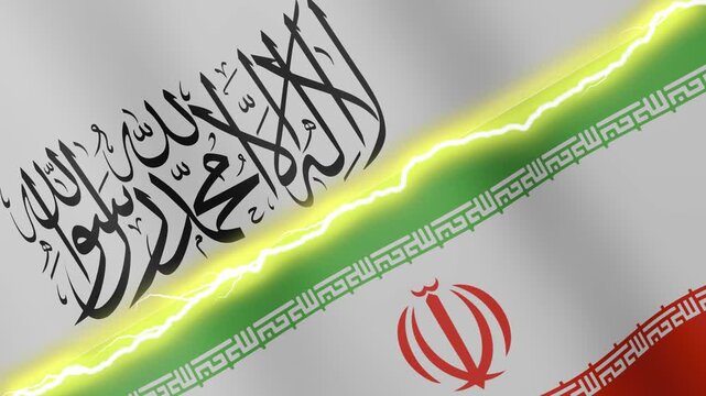 Two waving flags Afghanistan and Iran with diagonal lightning seamless, 4k loop