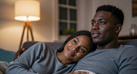 Obraz premium Couple watching movie, African American pair relaxing on cozy sofa in ambient home setting. Happy couple watching movie, woman leaning on man's shoulder, enjoying shared entertainment together.