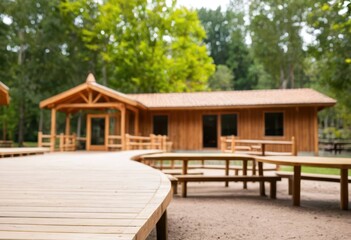 Fototapeta premium Spacious outdoor rest area with a wooden deck surrounded by nature
