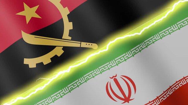 Two waving flags Angola and Iran with diagonal lightning seamless, 4k loop