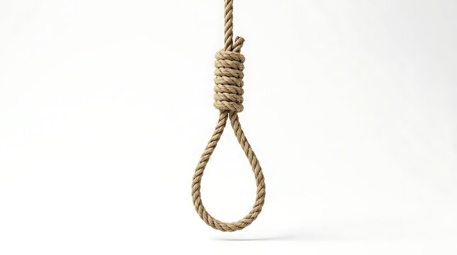 Hanging rope noose knot isolated on white background with isolated background textured material fastening