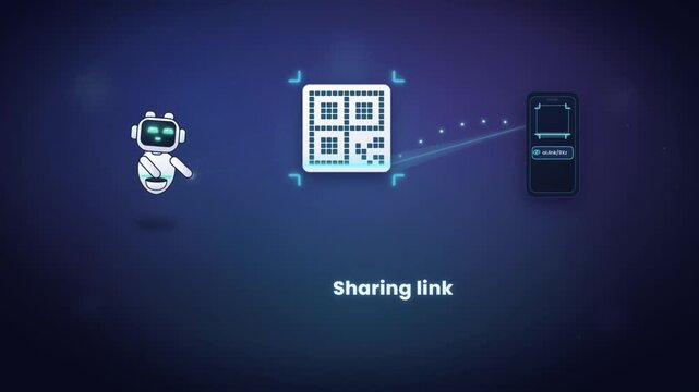 AI robot assistant sharing link through QR code scanned by smartphone for fast connection