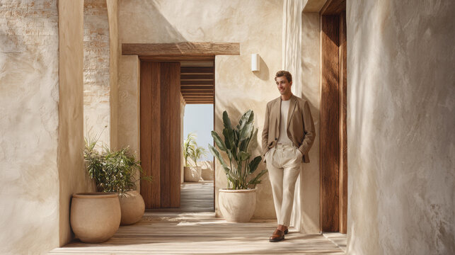 Man stands in a hallway with plants