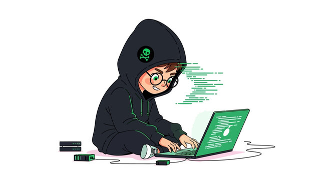 Young hacker in black hoodie coding.