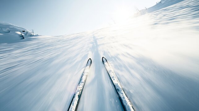 First person view, skiing down a mountain slope, gliding on fresh backcountry snow, winter sport adventure