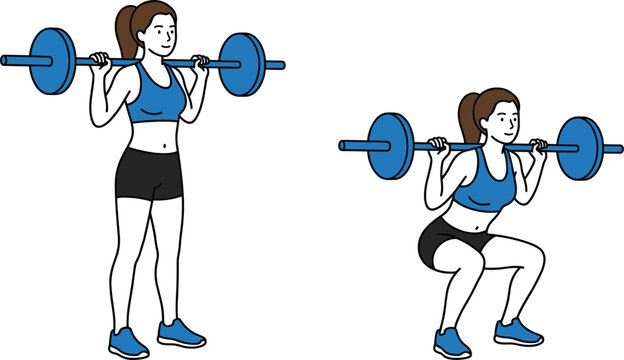 Step by step guide of fitness woman performing barbell back squats exercise routine vector infographic illustration (17 words)