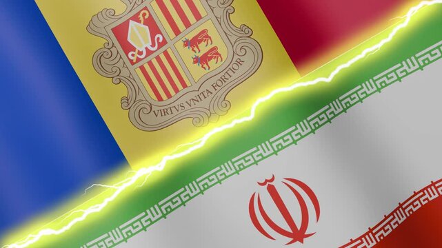 Two waving flags Andorra and Iran with diagonal lightning seamless, 4k loop