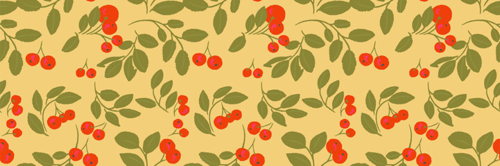 Seamless berry branch pattern with red fruits and olive leaves on a warm beige background. Botanical vector design for textiles, packaging, wallpaper, wrapping paper and decor © incarnadine