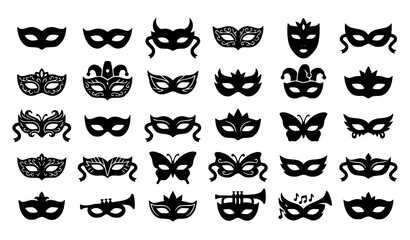 Fototapeta premium Carnival Face Mask Icon Set Vector with Masquerade Costume and Festive Silhouettes