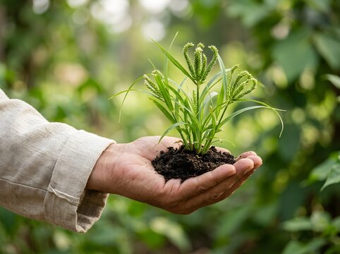 A person holding a small eleusine coracana green plant with soil in their hands in a lush sunny garden